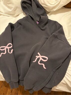 Charcoal Hoodie with Pink Bow Sleeve Graphics